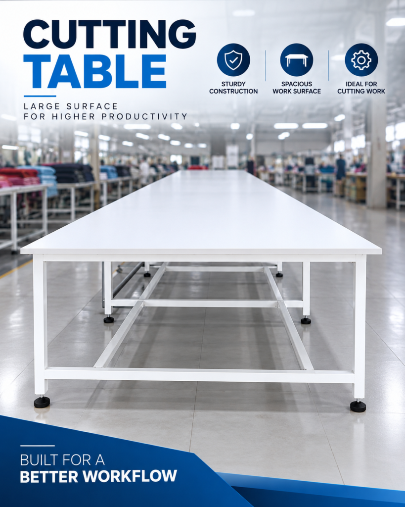 Long white cutting table with sturdy metal frame in a garment factory for fabric cutting work