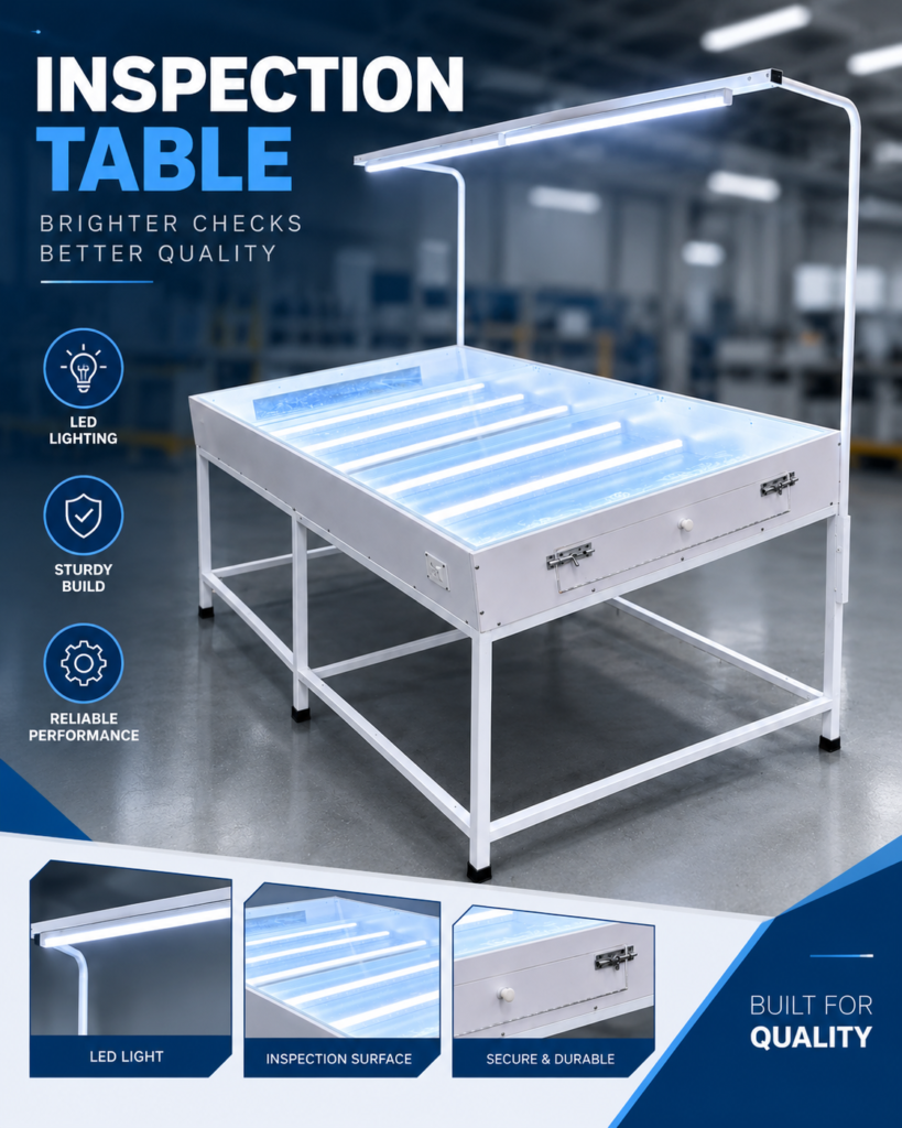 Fabric inspection table with LED lighting and sturdy frame for quality checking in garment factories