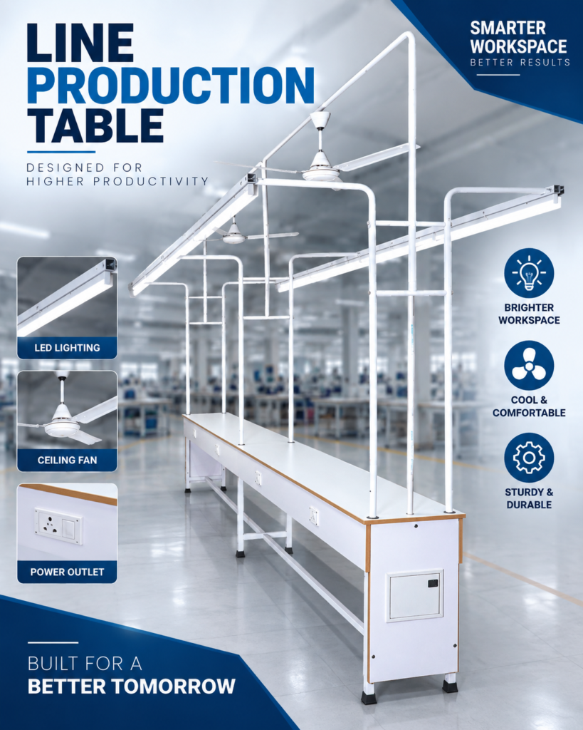 Line production table with LED lighting, ceiling fans, and power outlets in a garment factory workspace