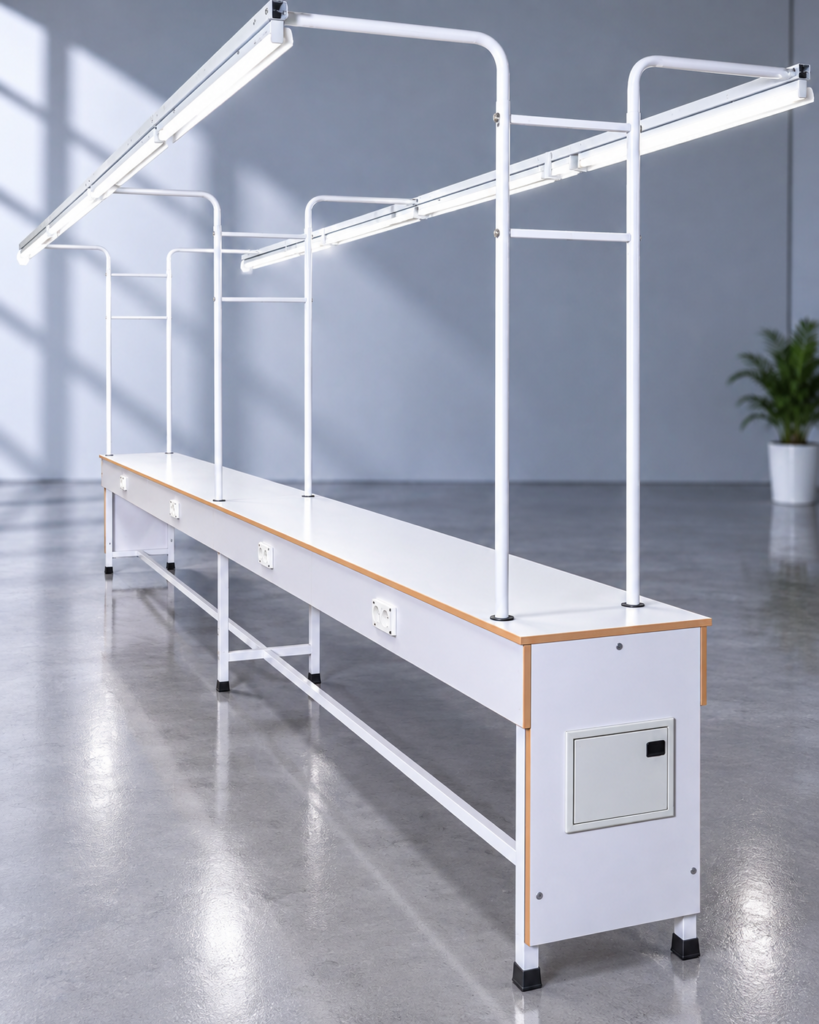 Line Production Table LPT-021 with overhead lighting for garment production