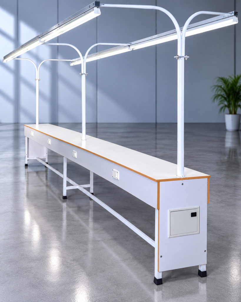 MS Line Production Table LPT-022 with overhead lighting for garment production