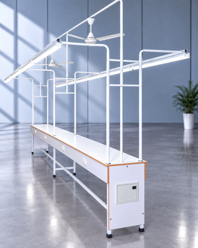MS Line Production Table LPT-024 with overhead lighting for garment production