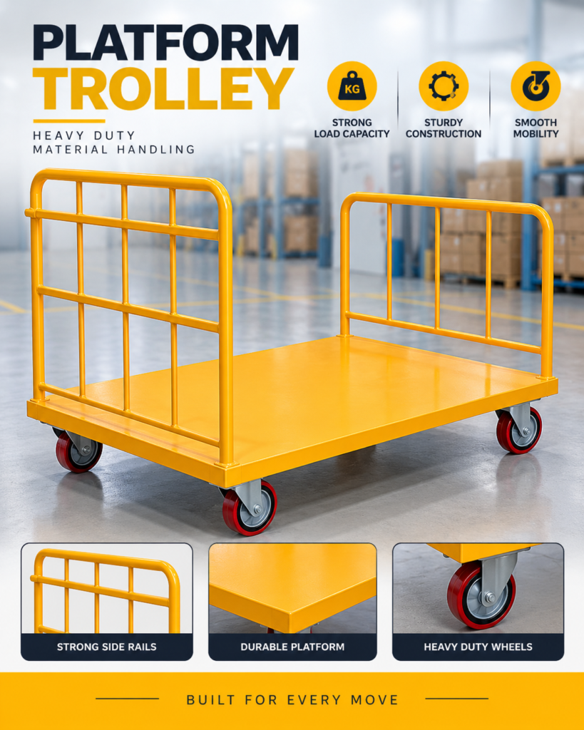 heavy-duty platform trolley with side rails and caster wheels for industrial material handling