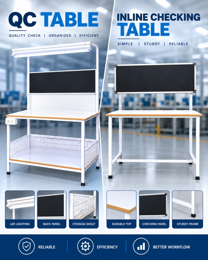QC table with LED lighting and storage shelf next to inline checking table with fabric checking panel