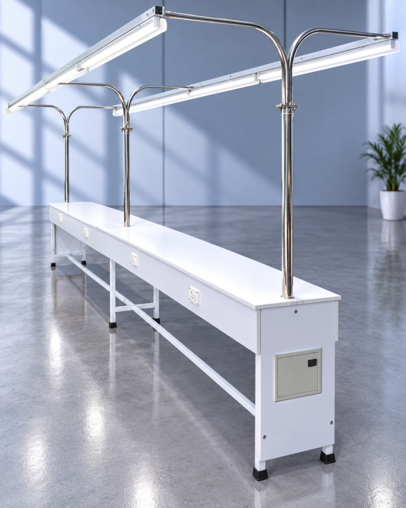SS Line Production Table LPT-023 with overhead lighting for garment production