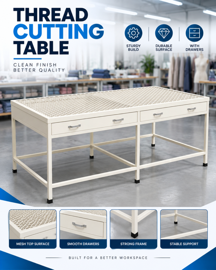 Thread cutting table with mesh top surface, storage drawers, and sturdy frame for garment finishing