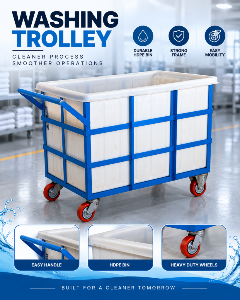 Industrial washing trolley with durable HDPE bin, blue steel frame, and heavy-duty wheels for laundry handling