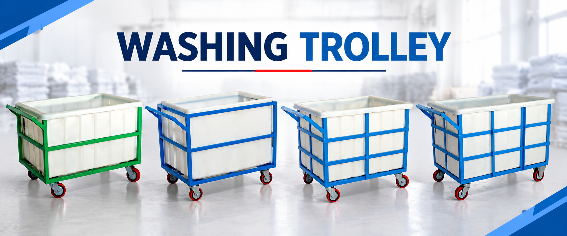 Industrial washing trolley with durable metal frame and wheeled laundry bin