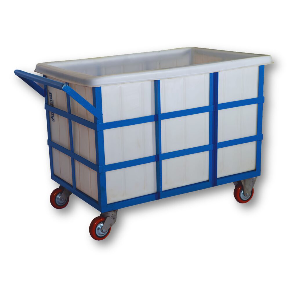 Washing Trolley WT-028 with blue powder-coated frame, plastic open tub and heavy-duty wheels