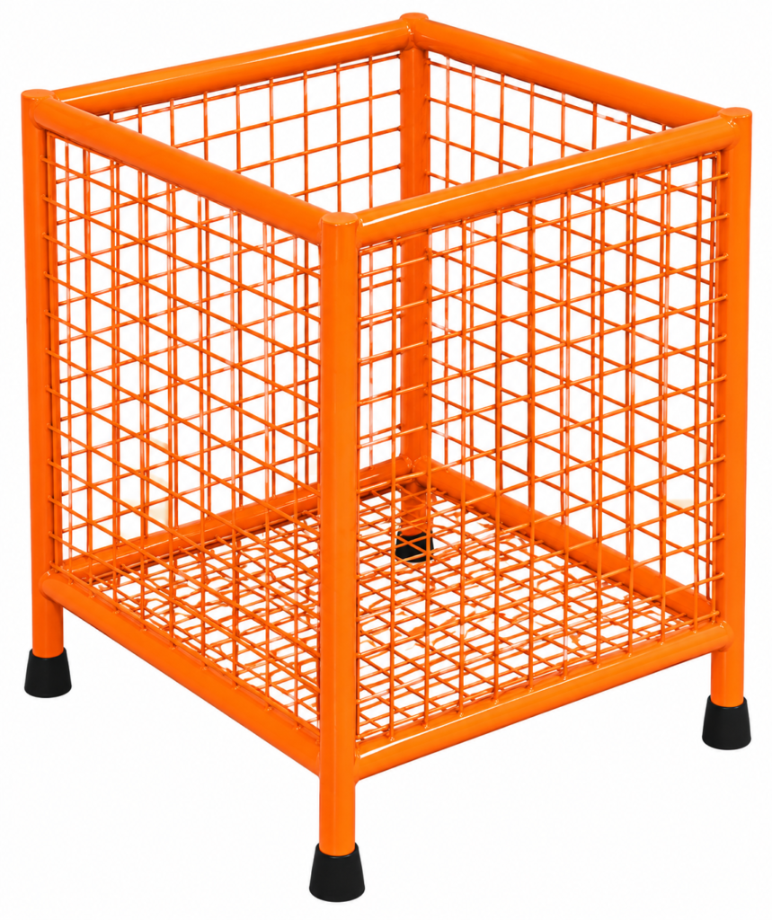Fabric Bin FD-037 by National Fabricators, made of 25 mm OD CRC pipe with 10 SWG wire mesh and orange powder-coated finish.