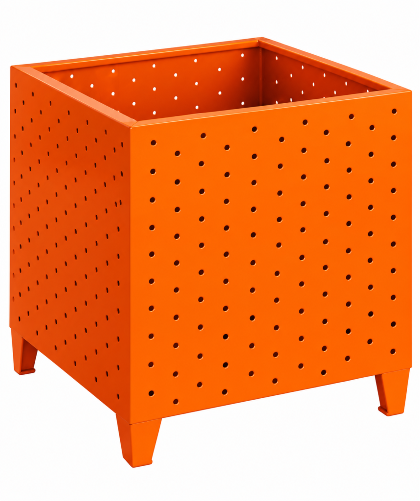 Orange Fabric Bin FD-037A by National Fabricators, featuring a perforated steel body, open-top design and sturdy legs for industrial fabric storage.