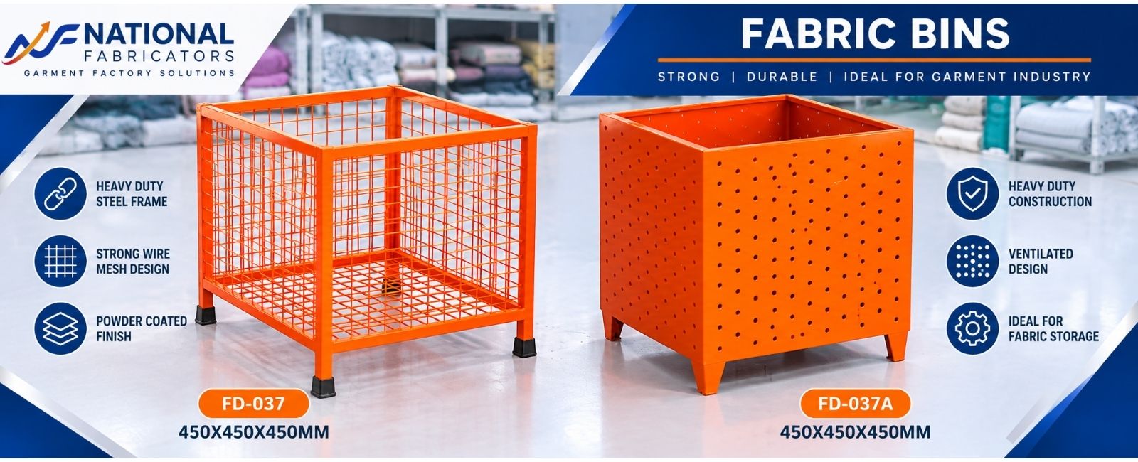 Orange Fabric Bins FD-037 and FD-037A by National Fabricators, featuring a heavy-duty wire mesh bin and perforated steel fabric storage bin, both sized 450 × 450 × 450 mm.
