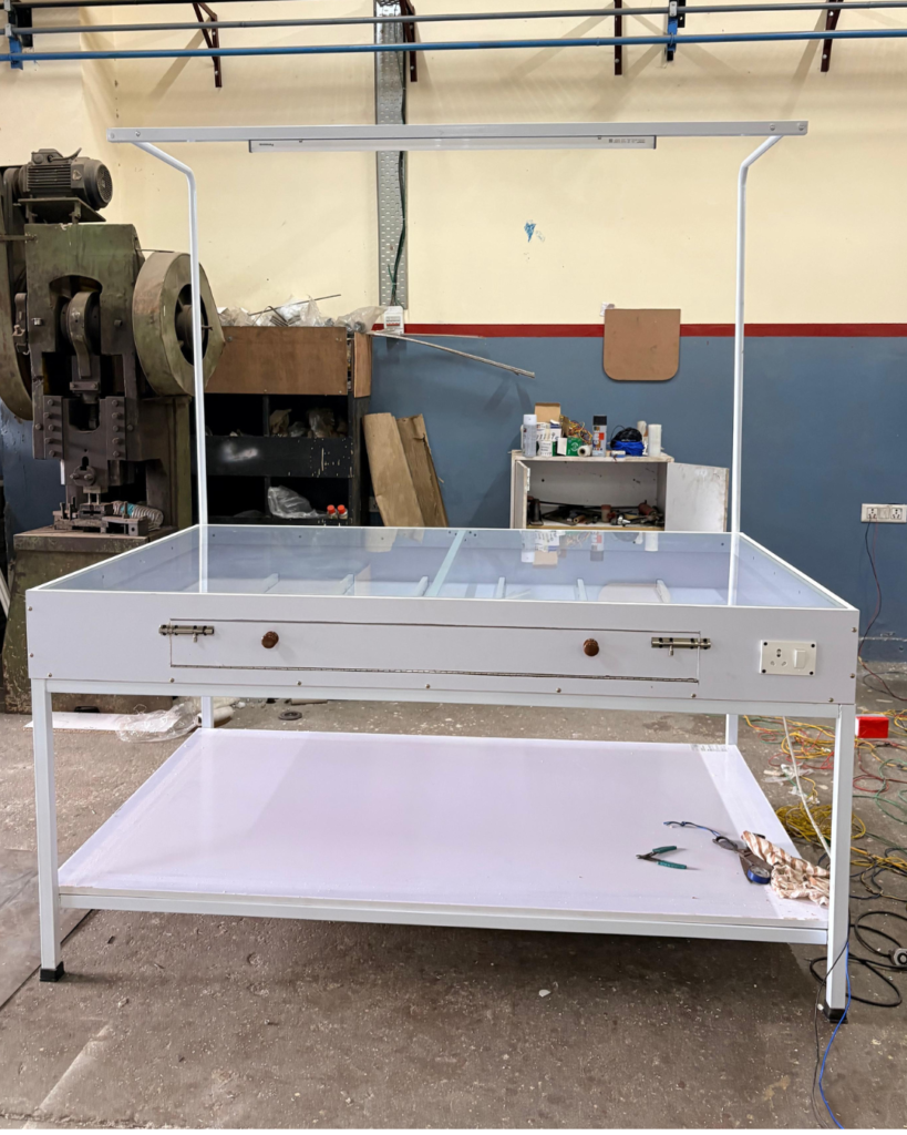 Inspection Table IT-007 with LED lighting and glass surface for garment fabric quality checking
