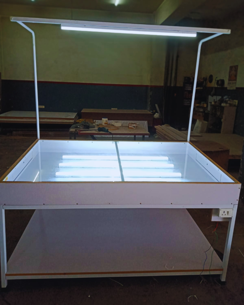 Inspection Table IT-007 with LED lighting and glass surface for garment fabric quality checking
