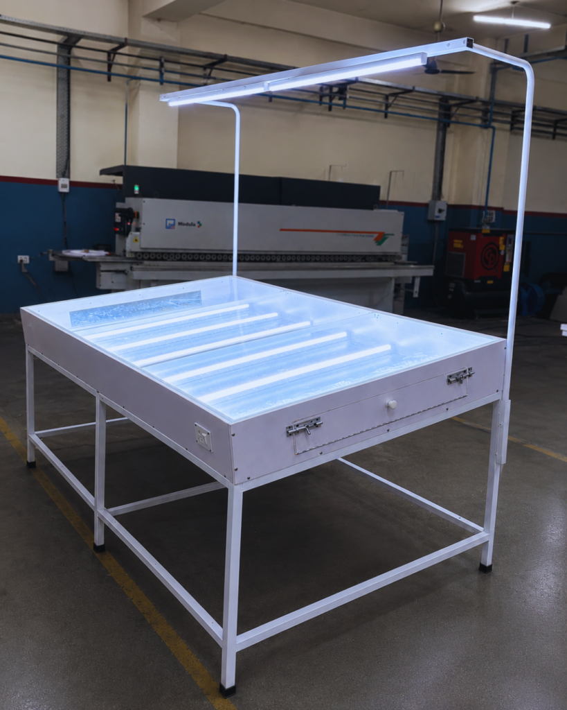 Inspection Table IT-007 with LED lighting and glass surface for garment fabric quality checking